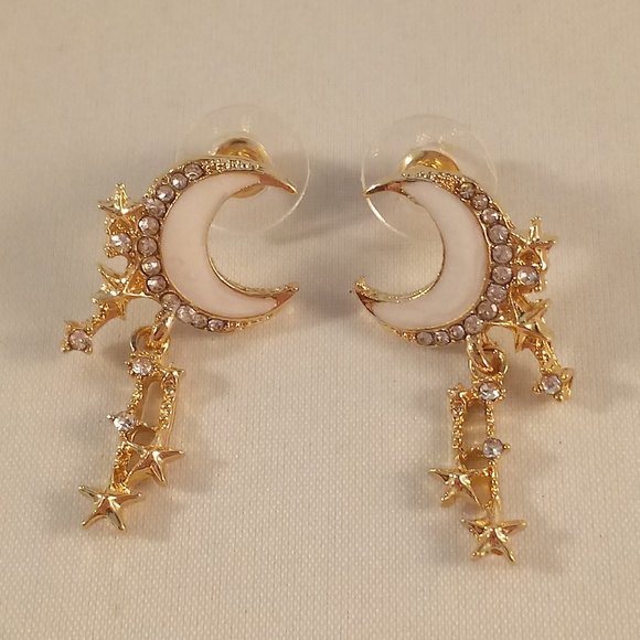 Gold Plated Diamond Zircon Moon Star Tassel Stud Earrings Women's Party Gift - Picture 2 of 3